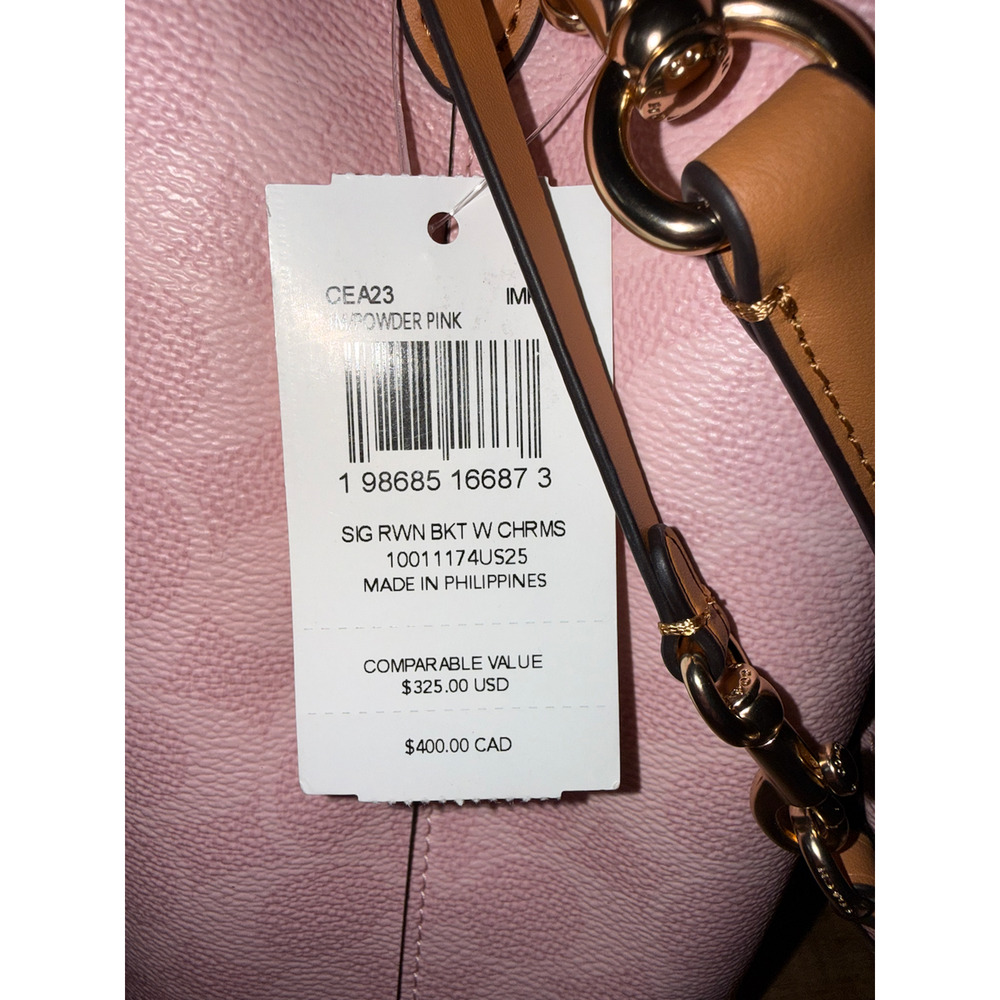 NWT Coach Bucket Bag Women's Medium Pink Signature Canvas Leather Crossbody - Picture 4 of 14